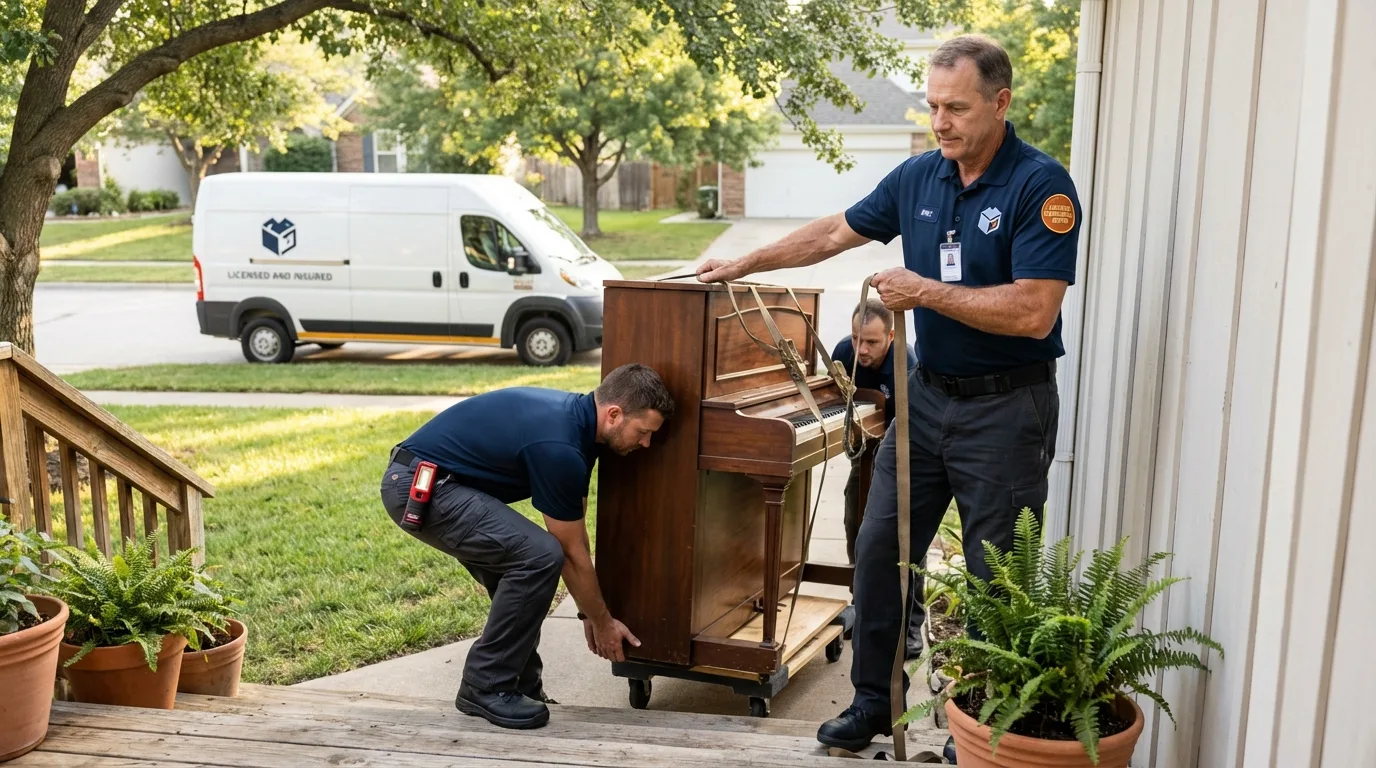 Licensed piano movers securing grand piano in Jonesville, NC