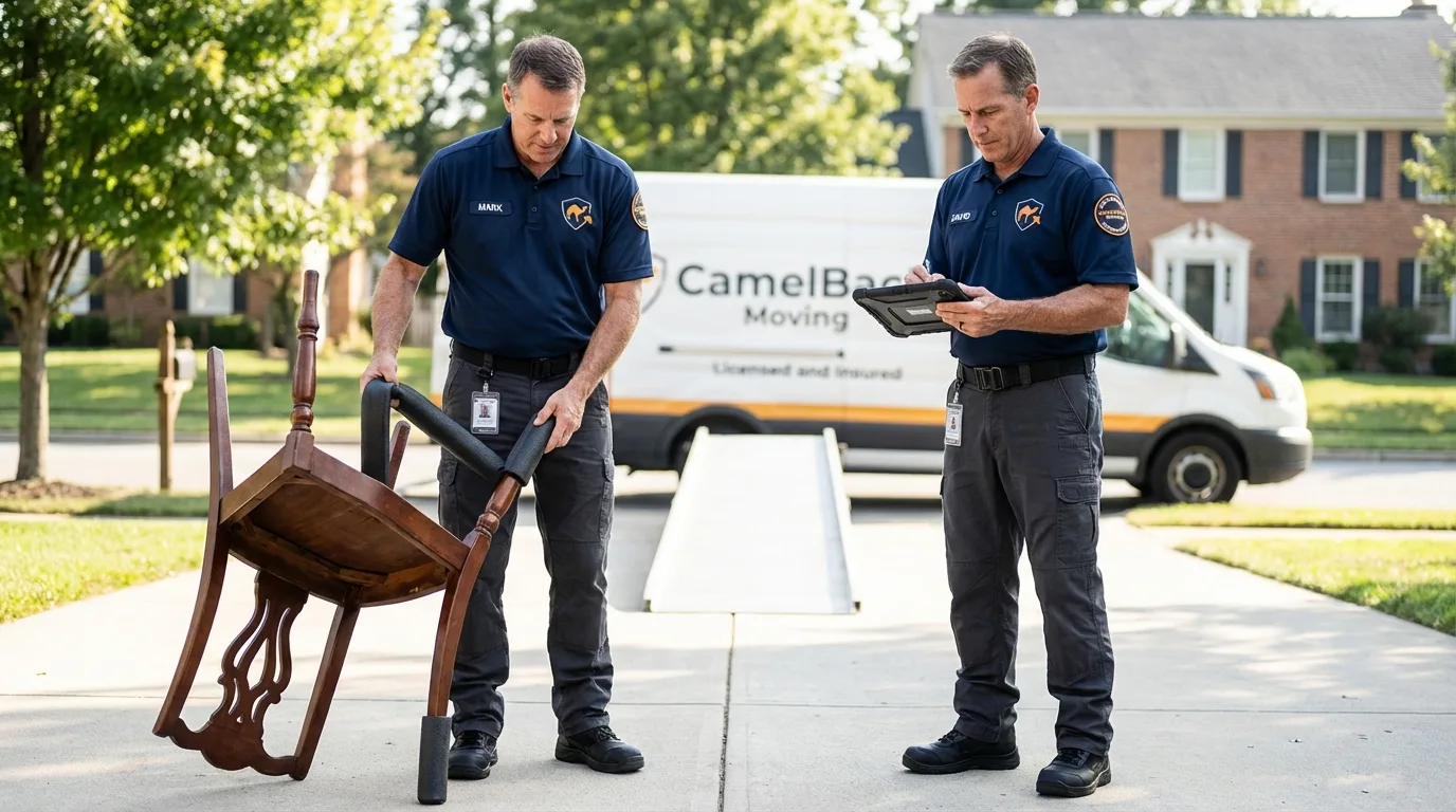 Movers inspecting furniture for damage prevention before loading in Jonesville, NC