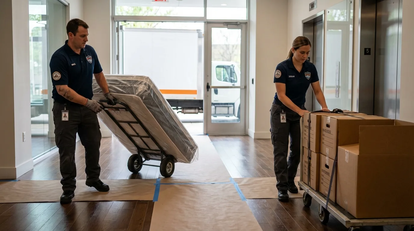 Professional apartment movers loading elevator in Jonesville, NC